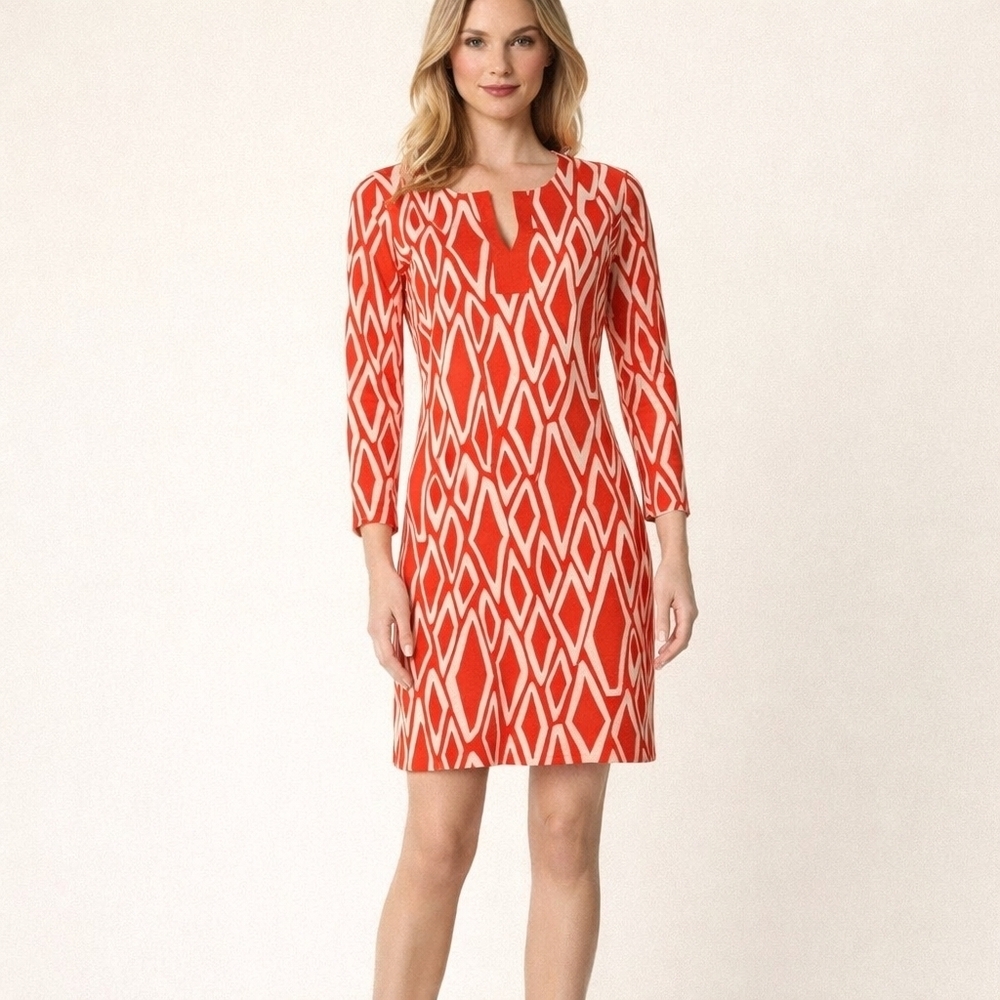 Diane Von Furstenberg Orange and White Silk Knee-Length Dress Sz 4